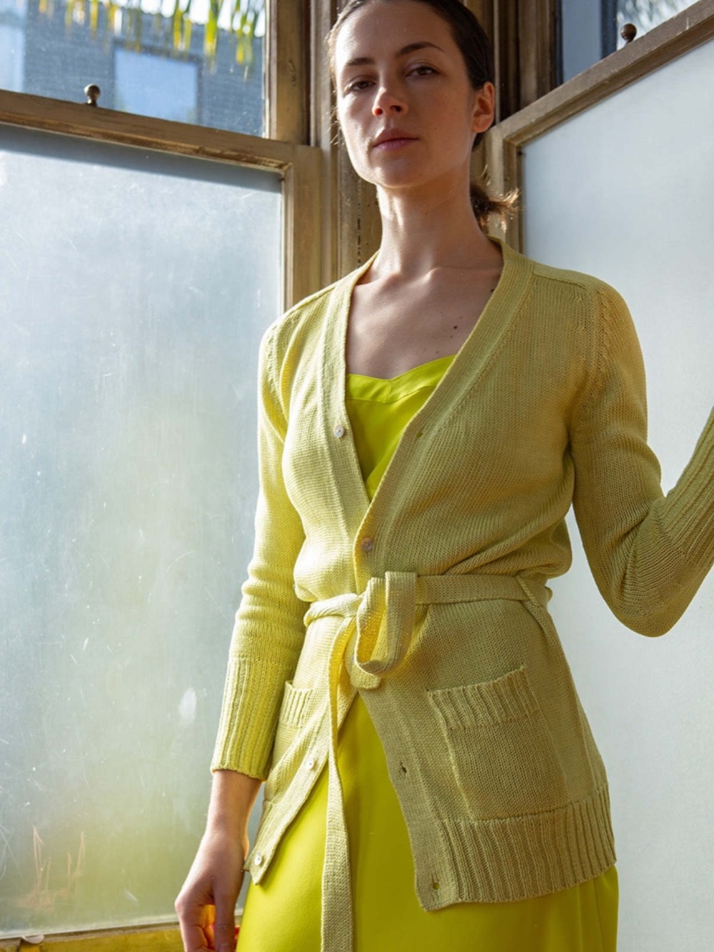 ERICA TANOV The Pima Cotton Belted Cardigan in Olive Green Sweater S 1 Estimated